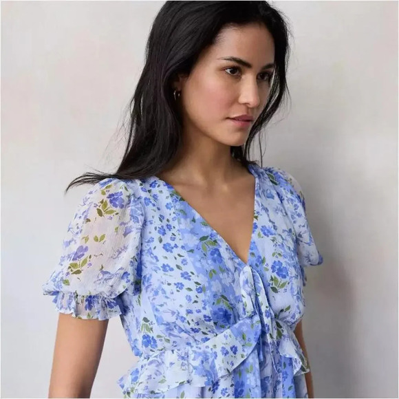 NWT LC Lauren Conrad Floral Print Pleated Empire Waist Chiffon V-Neck Midi Dress - Picture 3 of 16